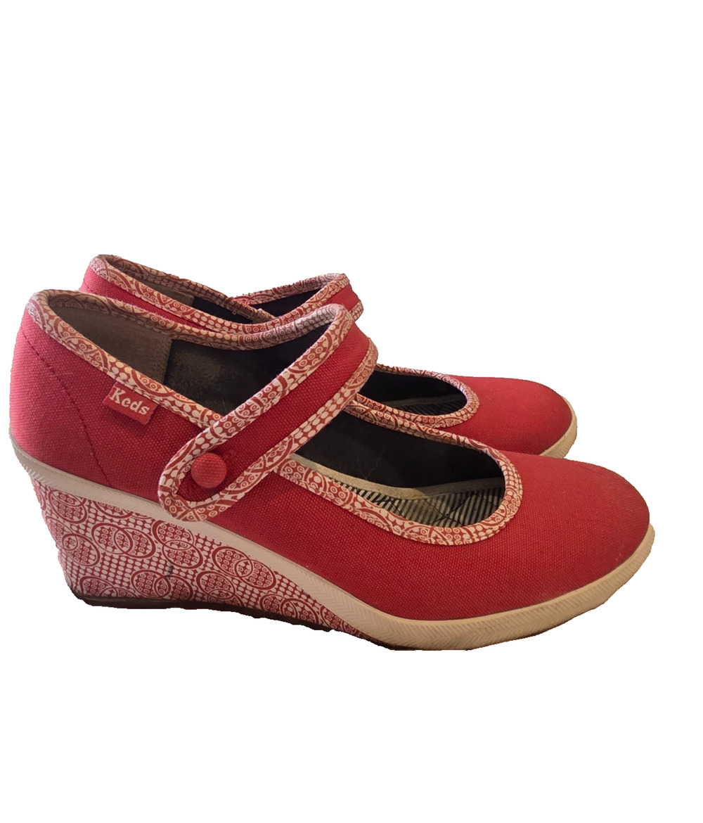 Keds Retro Wedge Shoes Womens Size 8M Red Canvas Mary Jane Paisley Print Casual